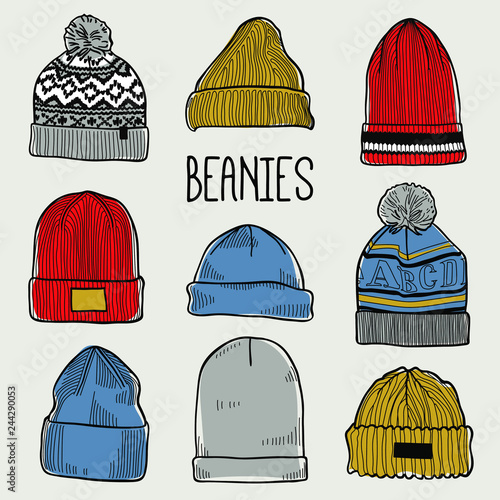 Set of fashion men's caps and hats sketches: baseball caps, snap-back cap, trucker cap, baker boy cap, knitted hats, hats with a pom pom, sports hats, fisherman beanie, bucket hat. Colored vector