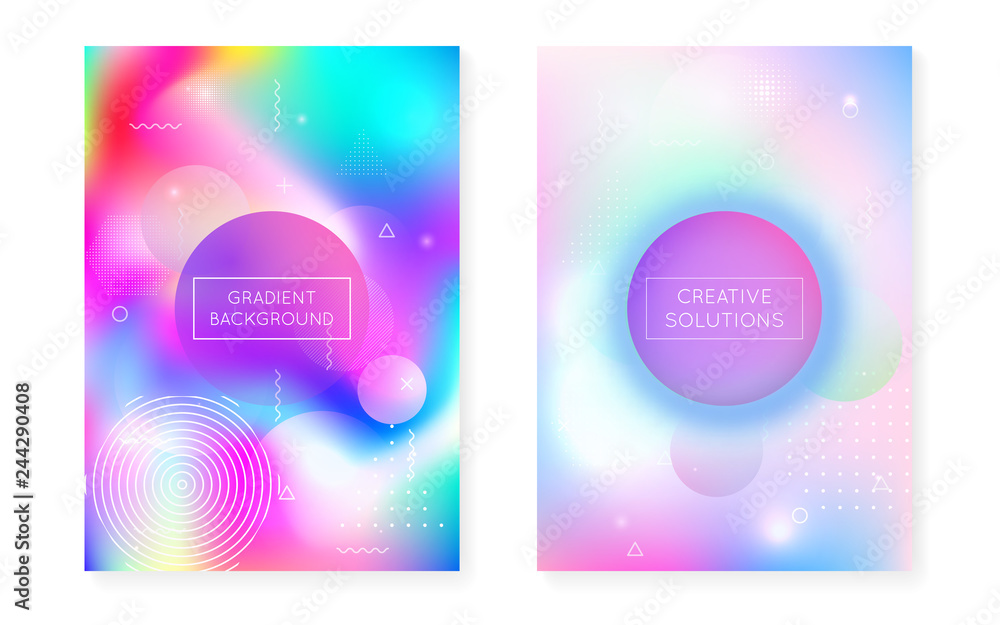 Fluid shapes cover with liquid dynamic background. Holographic bauhaus gradient with memphis.