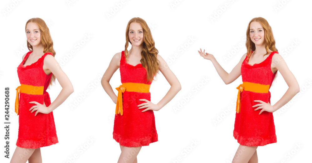 Young beautiful girl in red dress thunms up isolated on white Young beautiful girl in red dress thunms up isolated on white