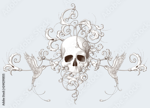 Vintage decorative element engraving with Baroque ornament, skull and birds
