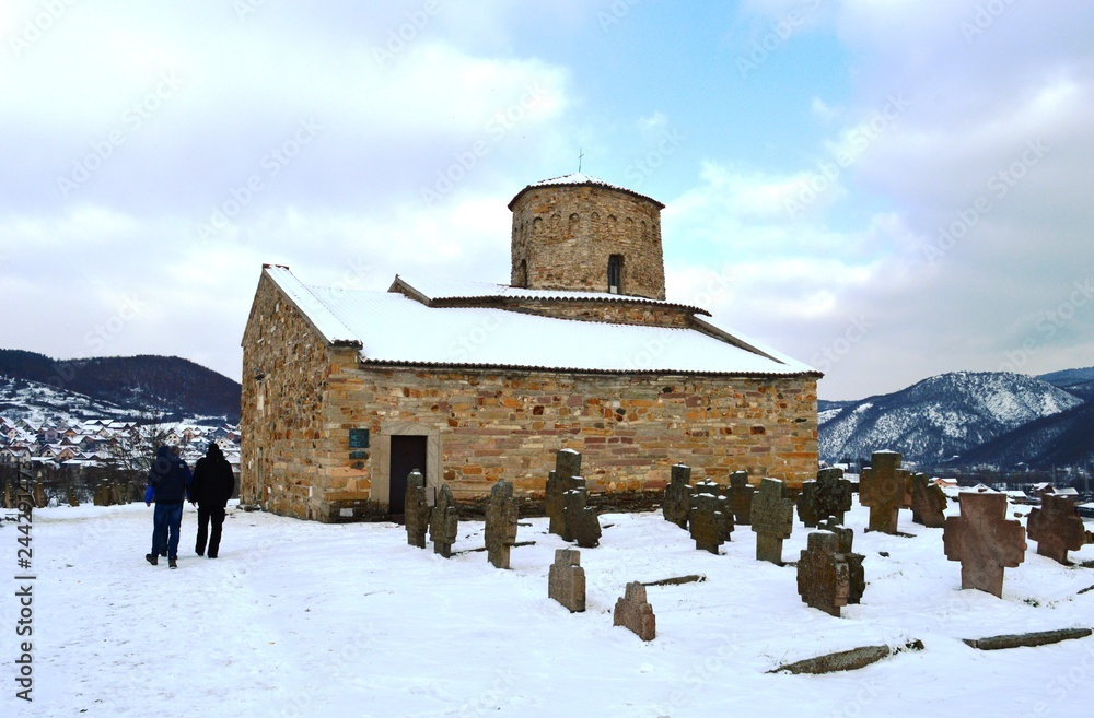 old Serbian Orthodox church in the snow