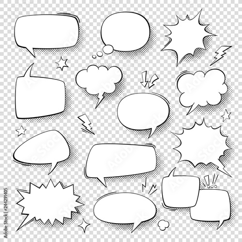 Speech bubbles. Vintage word bubbles, retro bubbly comic shapes. Thinking clouds with halftone vector set