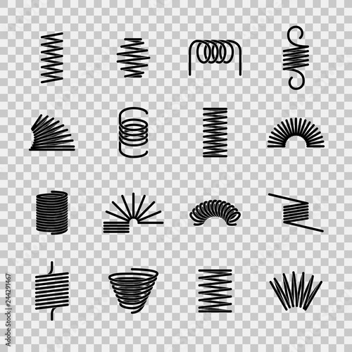 Steel spring. Spiral coil flexible steel wire springs shape. Absorbing pressure equipment line vector icons