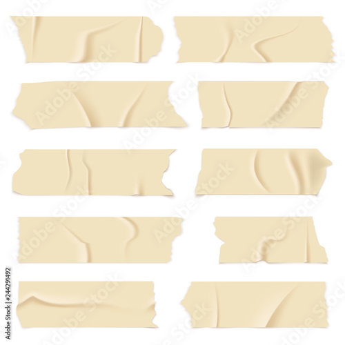 Adhesive tape. Old paper scotch tapes, masking sticky pieces realistic strips. Isolated vector set photo