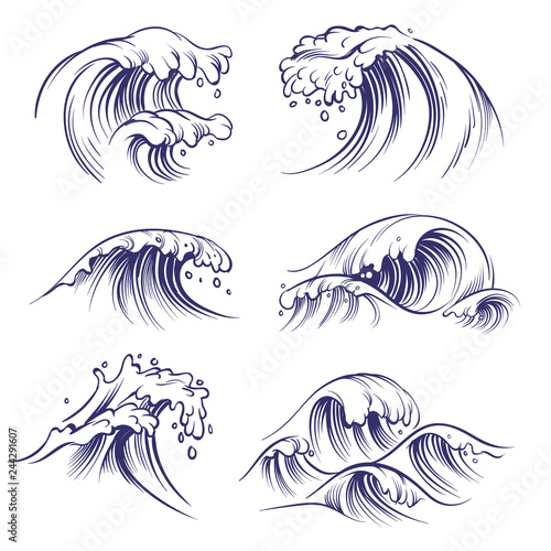 Sketch wave. Ocean sea waves splash. Hand drawn surfing storm wind water doodle vector collection