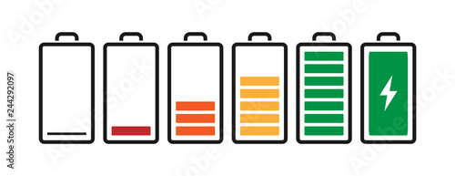 Battery charge indicator icons from blank to fully charged. Vector illustration for smartphone or laptop related themes. Isolated on white background.