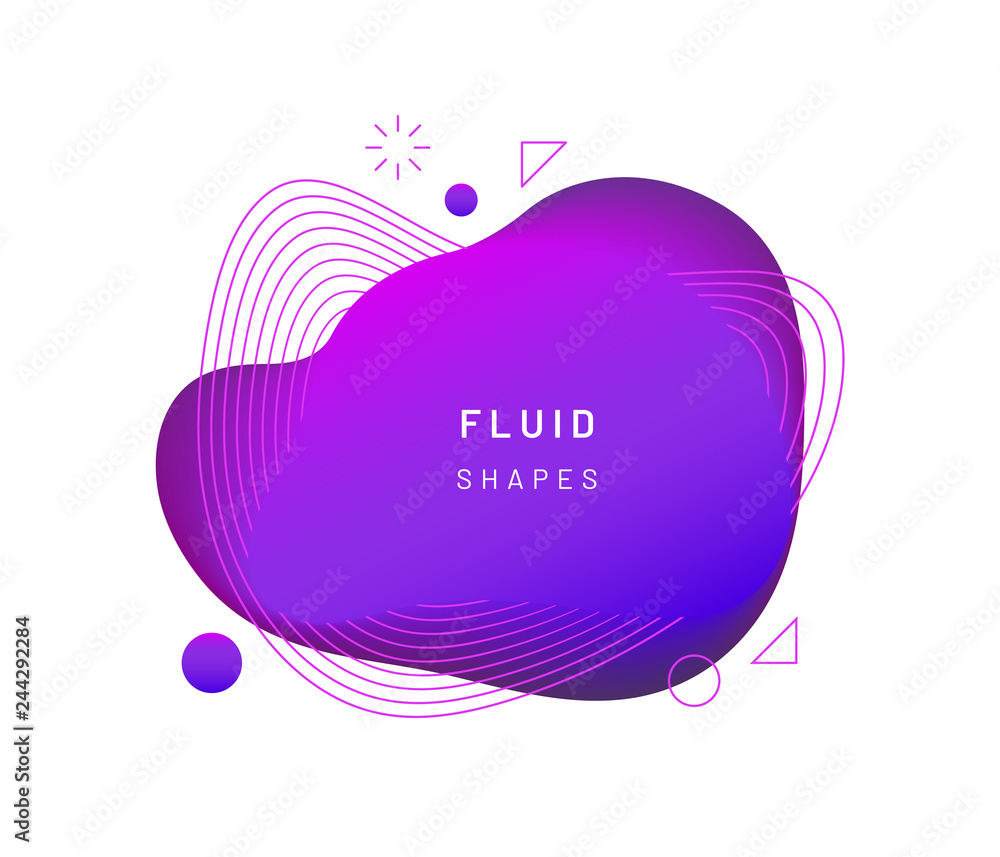 Violet dynamic light on fluid blotch. Gradient liquid blob with circles, triangle and wavy lines. Modern abstract background for card design or logo template. Dynamical colored shapes