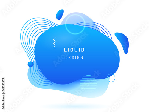 Blue liquid blob with lines and circle. Coral abstract fluid spot as template for logo background. Crimson gradient aqua blotch for modern card design. Dynamical colored circles, lines in free shape