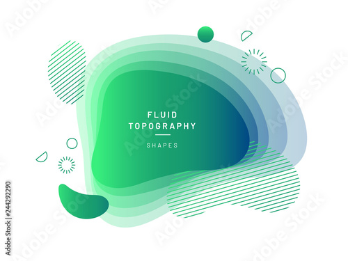Layered fluid blobs. Green and blue geometric liquid topography. Abstract blurry free shapes gradient. Brush spot with dynamic colors and circles. Background template for flyer or banner