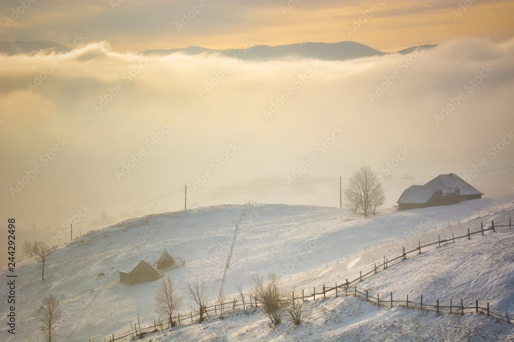 Magical winter mountain landscape on wild Transylvania mountain hills.