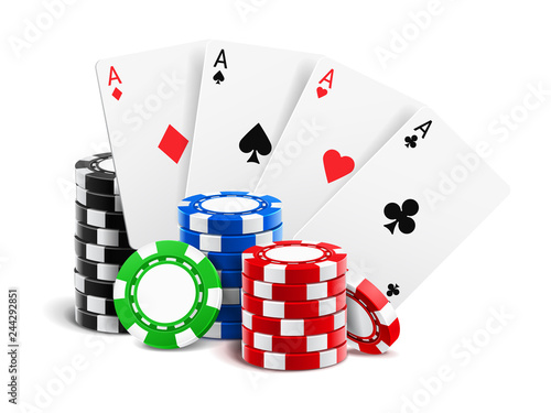Playing cards near stack of casino 3d chips or aces of spades, diamond, hearts and clubs near realistic gambling tokens for sport poker, blackjack. Gamble and game, online casino theme