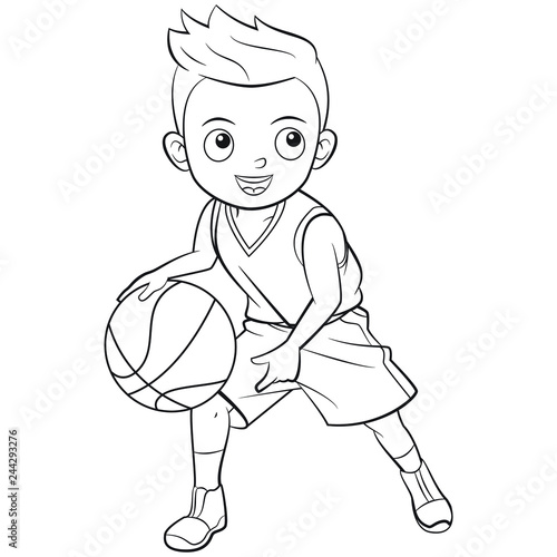 Cartoon boy playing basketball in outline