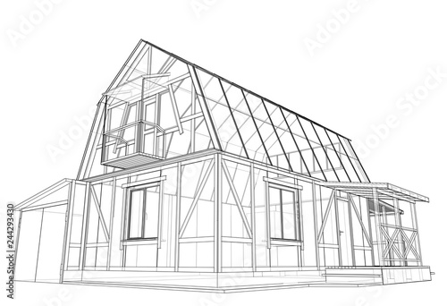 Private house sketch. Vector rendering of 3d