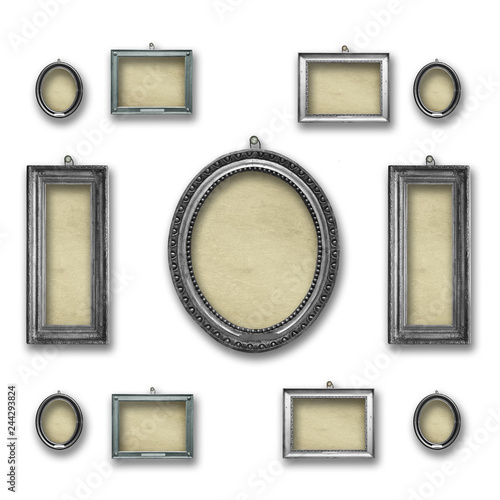 Set wooden vintage silver victorian frames for museum exhibition