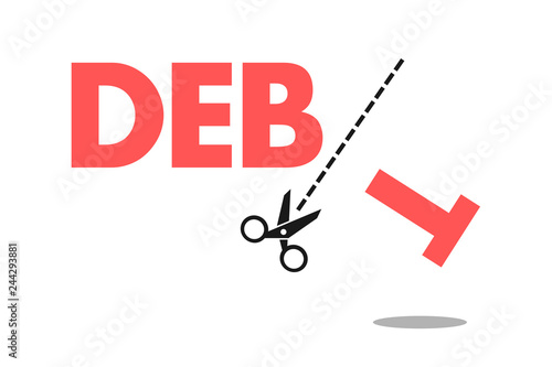 Debt forgiveness, elimination, cancellation and relief - financial loan, liability and leverage is cancelled by scissors. Economic help for debtors. Vector illustration