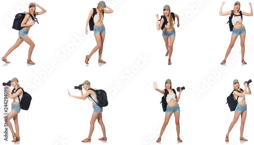 Beautiful woman in shorts with backpack and camera  © Elnur