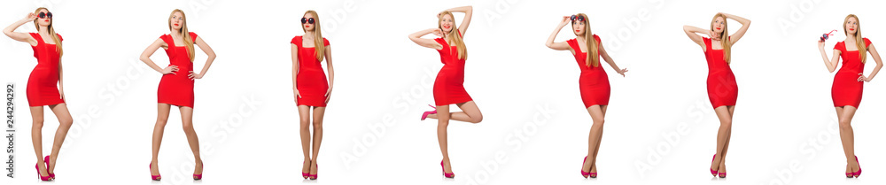 Fototapeta premium Beautiful woman in red dress isolated on white 