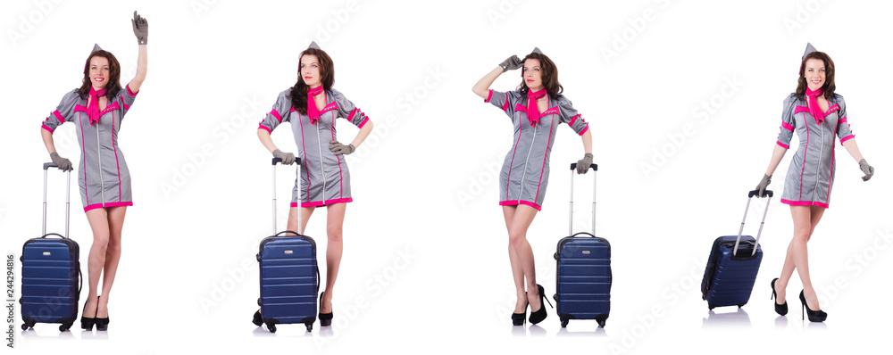 Beautiful stewardess with suitcase isolated on white Beautiful stewardess with suitcase isolated on white