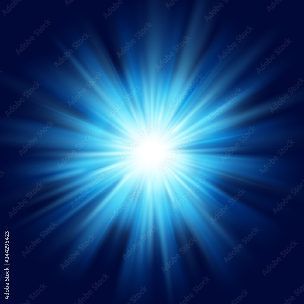 Deep blue glow star burst flare explosion transparent light effect. EPS 10