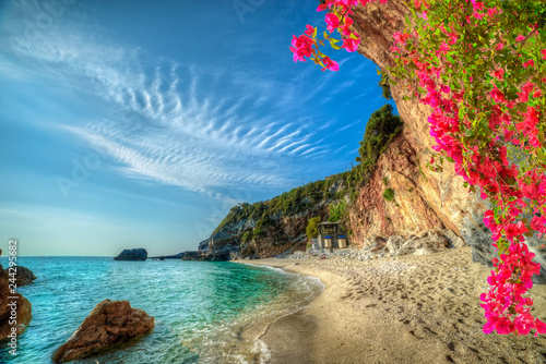 Fototapeta Naklejka Na Ścianę i Meble -  Beautiful vacation landscape in Greece,  sea and beach in summer holiday in Corfu island
