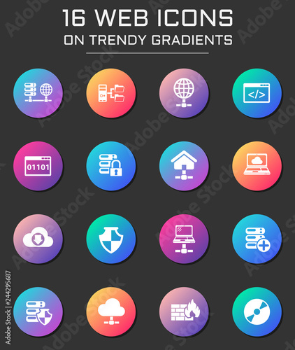 hosting provider icon set. hosting provider web icons on round trendy gradients
