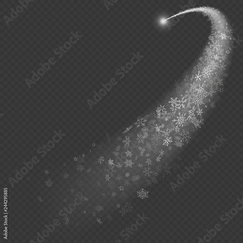 Light trace effect stars bursts with snowflakes isolated on transparent background. Glittering frosty stream of snow. EPS 10