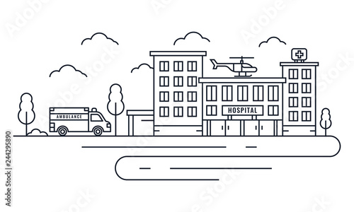 Hospital building with ambulance and helicopter in thin line style. Vector Illustration