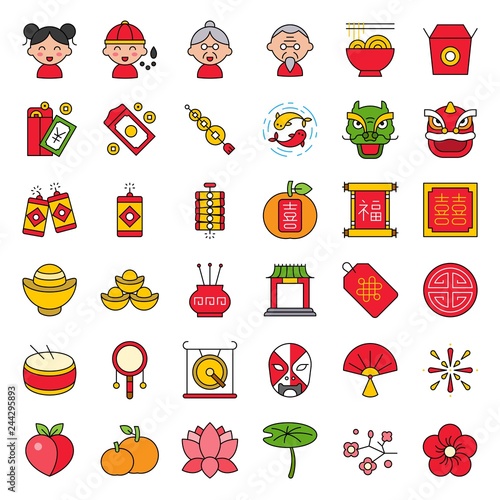 Chinese lunar new year icon with Chinese alphabet of Fu and Xi, meaning luck and Double Happiness. filled outline icon