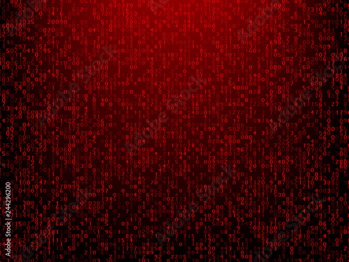 Abstract technology red background with computer code. Programming, hacker, coding, bitcoin vector illustration