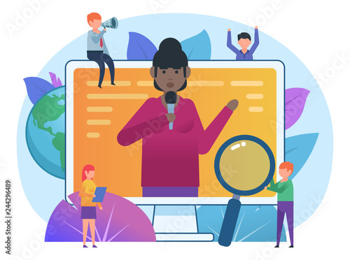 World news broadcasting. Small people stand near big screen, journalist holding microphone. Poster for web page, banner, social media, presentation. Flat design vector illustration