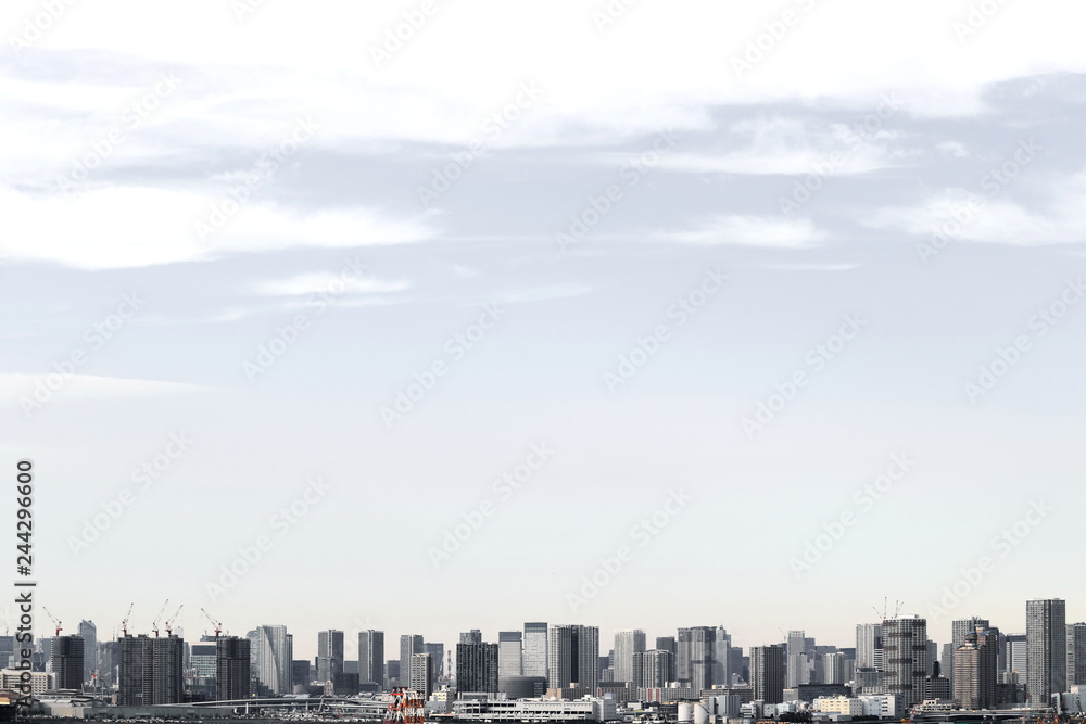 A scenery of a high-rise apartment that stands on the waterfront in Tokyo