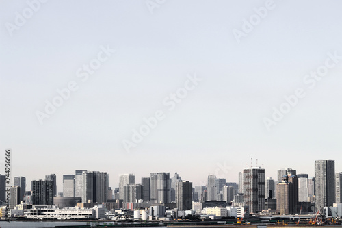 A scenery of a high-rise apartment that stands on the waterfront in Tokyo