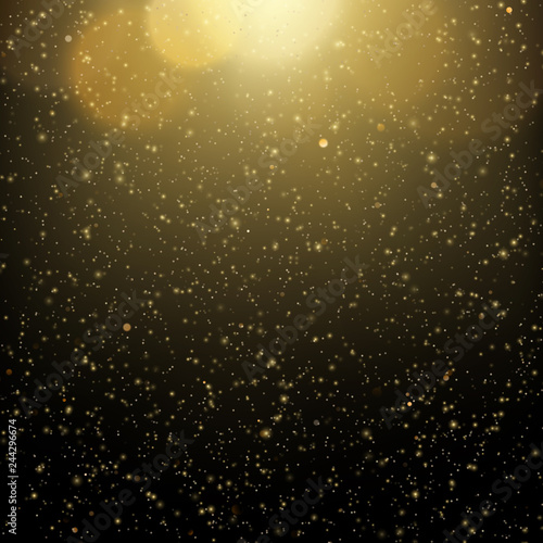 Abstract gold bokeh with black background. Glitter defocused abstract twinkly lights Christmas template EPS 10