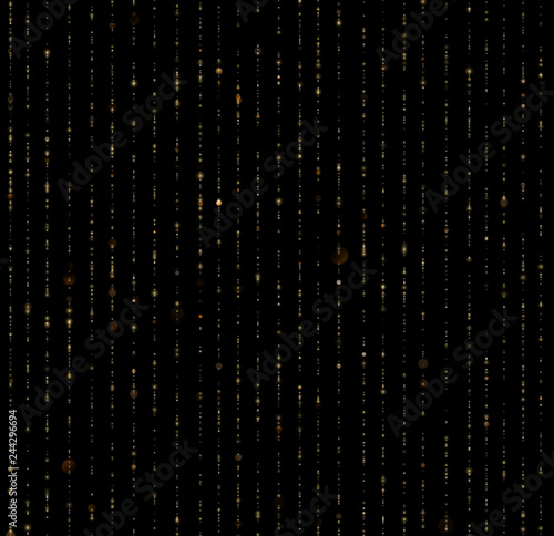 Seamless unique gold rain bokeh on black background. Glitter threads of curtain backdrop. Holiday garland lights or fashion strass drops for carnival, Christmas, New Year decoration. EPS 10