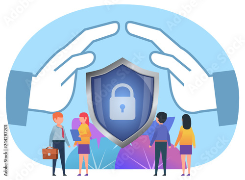 Life insurance concept. Small people stand near big hands, shield with lock. Poster for web design, banner, social media, presentation. Flat design vector illustration