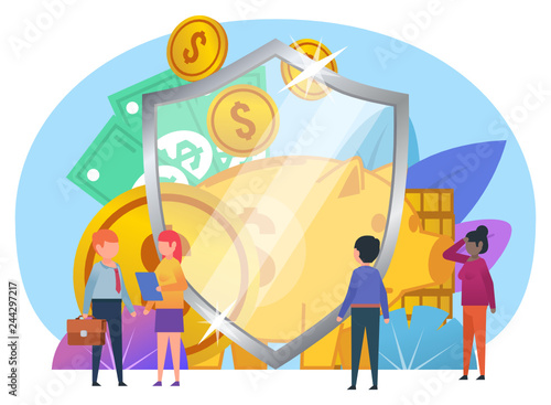 Financial insurance, savings protection, banking. Small people stand near big shield, money, coins. Poster for web design, banner, social media, presentation. Flat design vector illustration