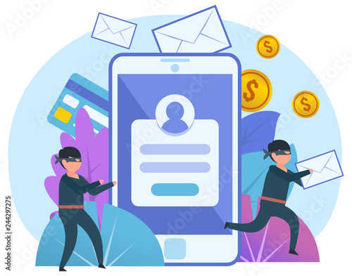 Thieves steal personal, private data. Two thieves stand near big smartphone. Poster for web page, banner, presentation, social media. Flat design vector illustration