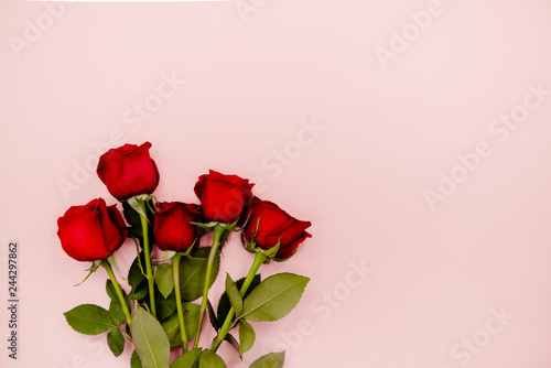 Red rose bouquet of flowers on a pink background . 8 march holiday concept. Concept. Top horizontal view.