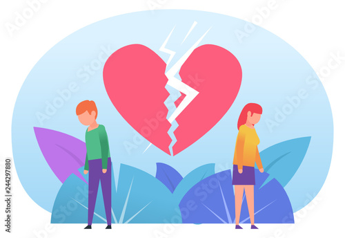 Man and woman break up, divorce. Sad couple standing near big broken heart. Poster for web design, social media, banner, presentation. Flat design vector illustration