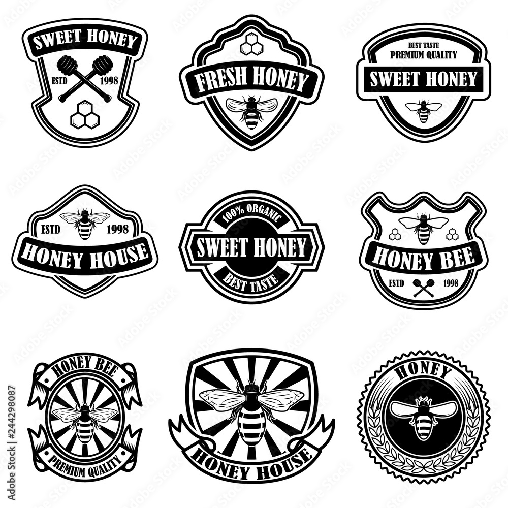 Set of vintage honey labels template. Bee icons. Design element for logo, label, emblem, sign, poster.