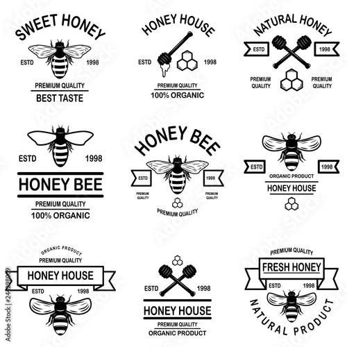 Set of honey labels template. Bee icons. Design element for logo, label, emblem, sign, poster.