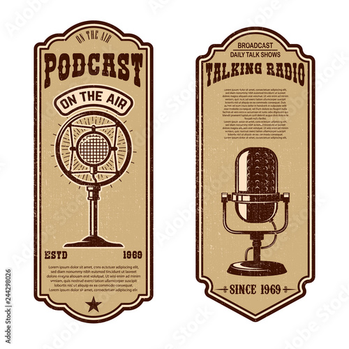 Set of vintage podcast, radio flyers with microphone. Design element for logo, label, sign, badge, poster.