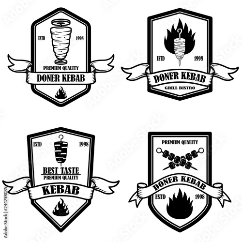 Set of vintage doner kebab labels. Design element for logo, label, emblem, sign, badge.