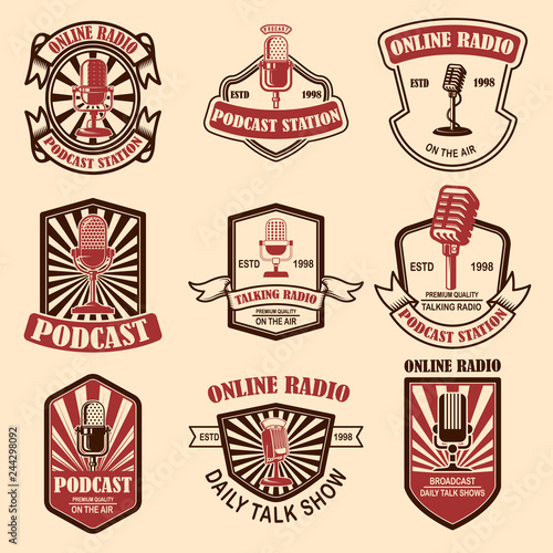 Set of vintage podcast, radio emblems with microphone. Design element for logo, label, sign, badge, poster.