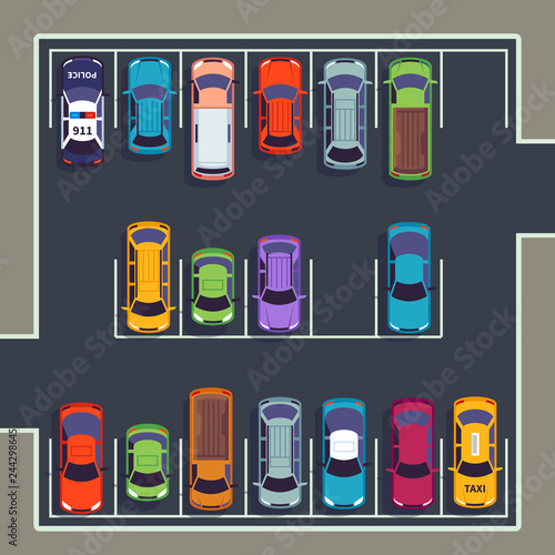 Parking top view. Many cars on parking zone, different vehicles in parked lot from above. Auto vector infographic