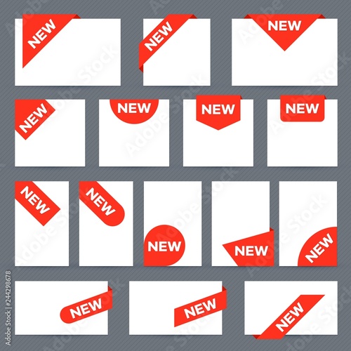 New ribbon labels. Corner banner, new tag label and present buttons vector isolated set
