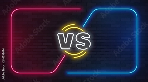Vs neon. Versus battle game banner with neon empty frames. Boxing match duel, slag competition business confrontation