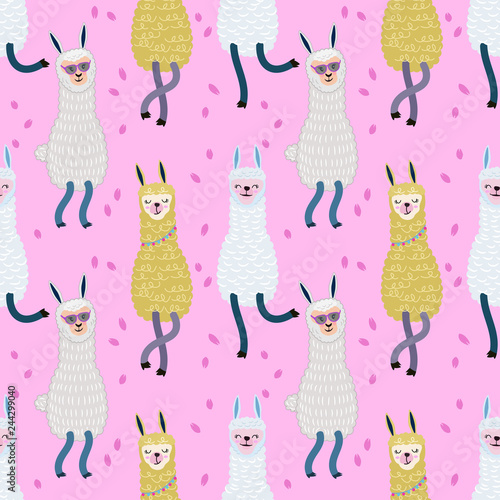Cute alpaca on pink color background seamless pattern.