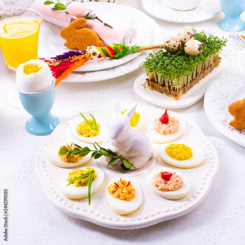 a colorful and festive Easter table decoration