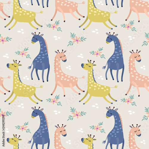 Cute giraffe in pastel color seamless pattern fabric textile wallpaper © teerawat